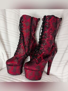 Pleaser Red Snake-Print Lace-Up 7 Inch Boots